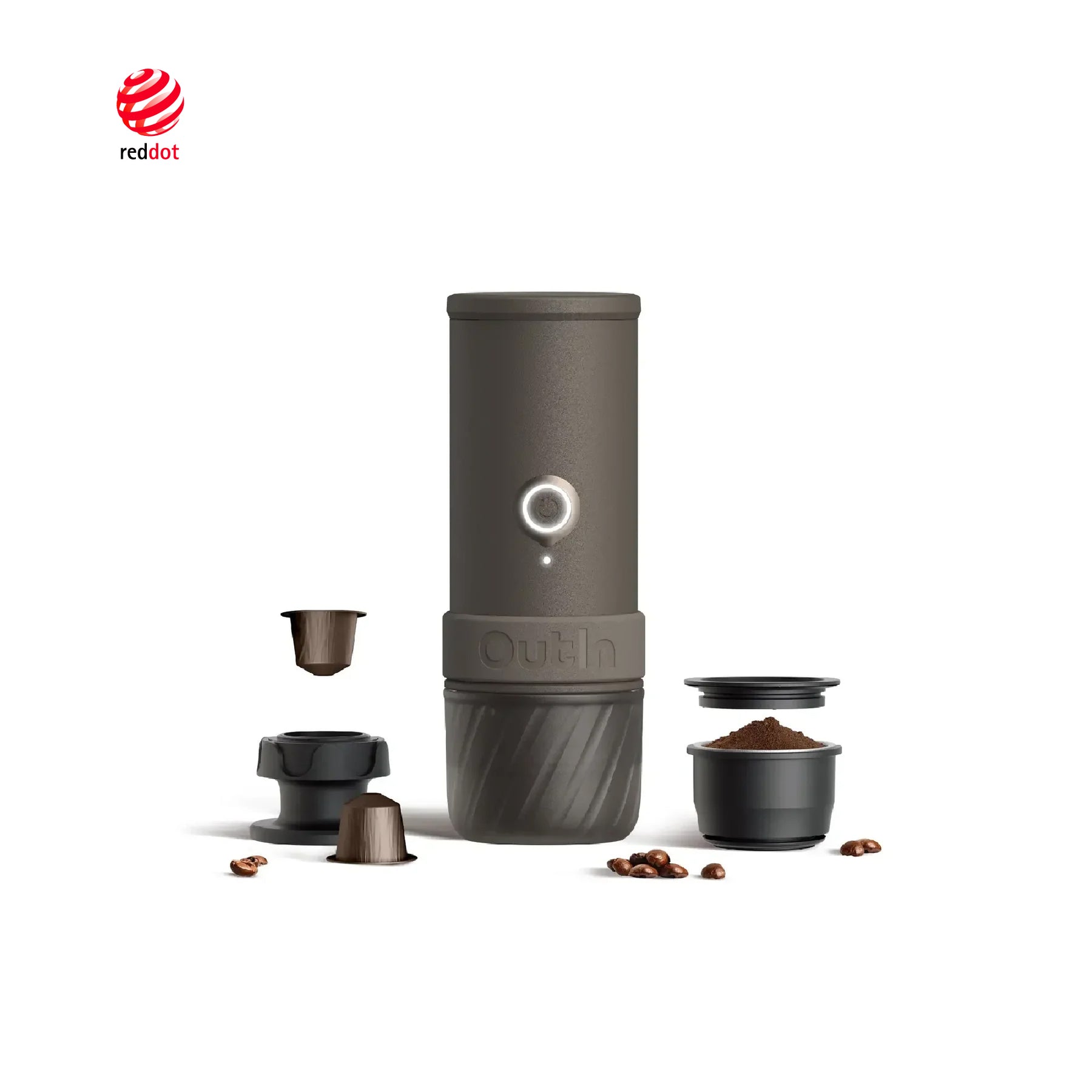 OutIn Mino portable espresso machine with its coffee baskets and capsule adapter