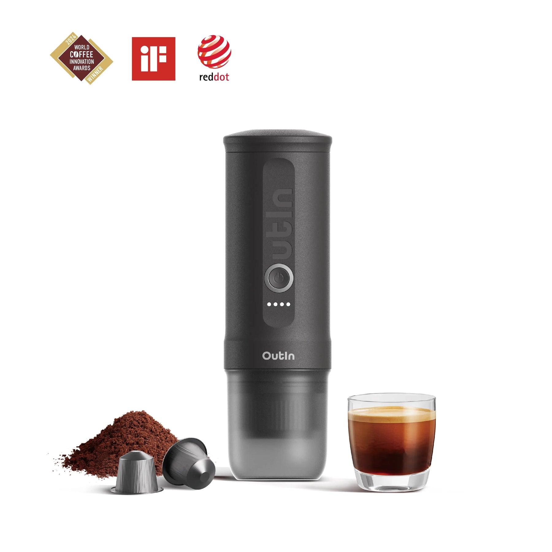 OutIn Nano portable espresso machine with coffee grounds, capsule and espresso